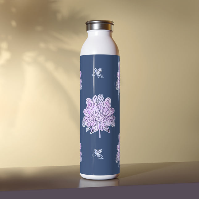 Purple White Floral Butterflies Slim Water Bottle, 20 oz White
