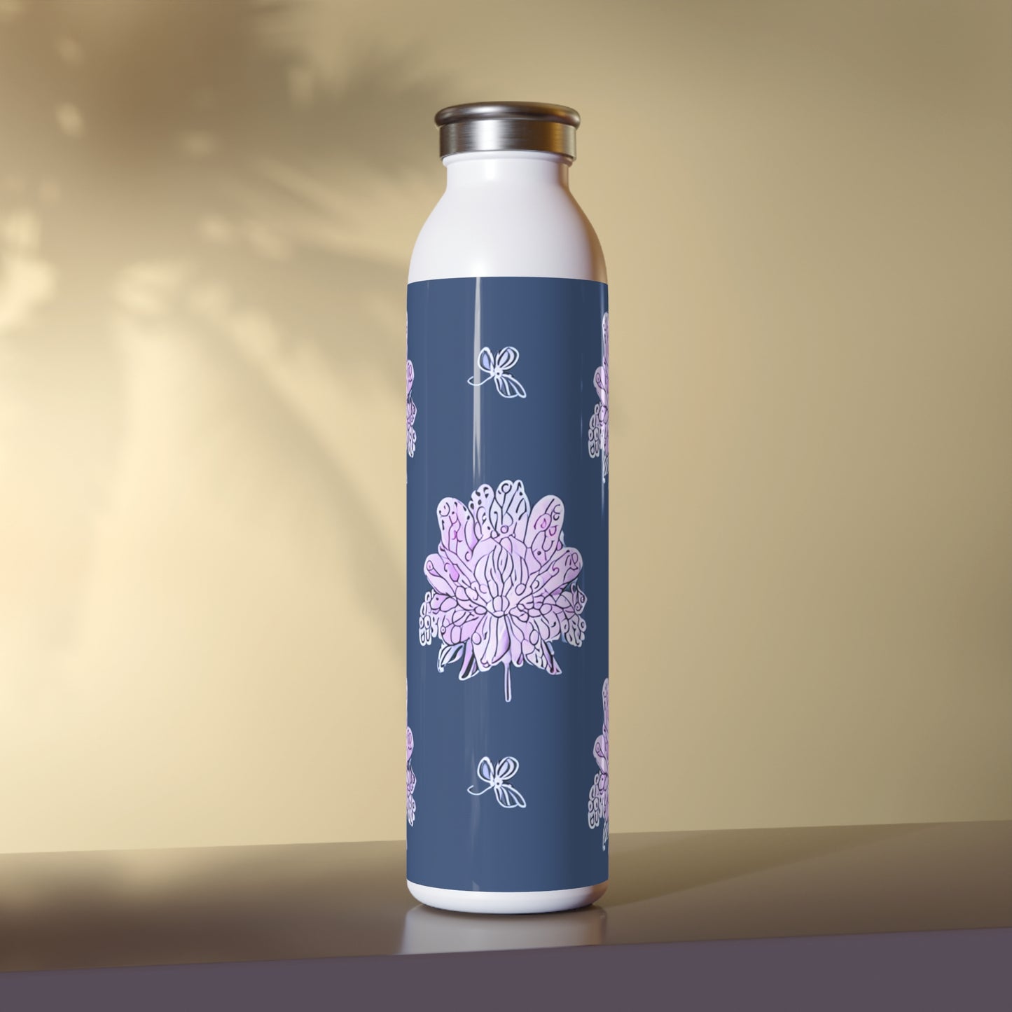 Purple White Floral Butterflies Slim Water Bottle, 20 oz White