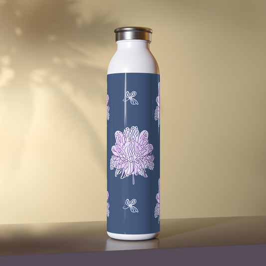 Purple White Floral Butterflies Slim Water Bottle, 20 oz White