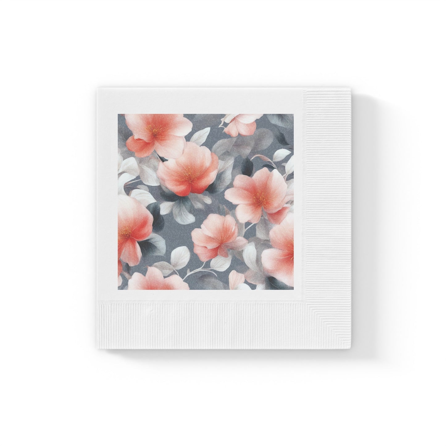 Red Blossom Floral Bunch White Coined Napkins, 6.5" x 6.5"