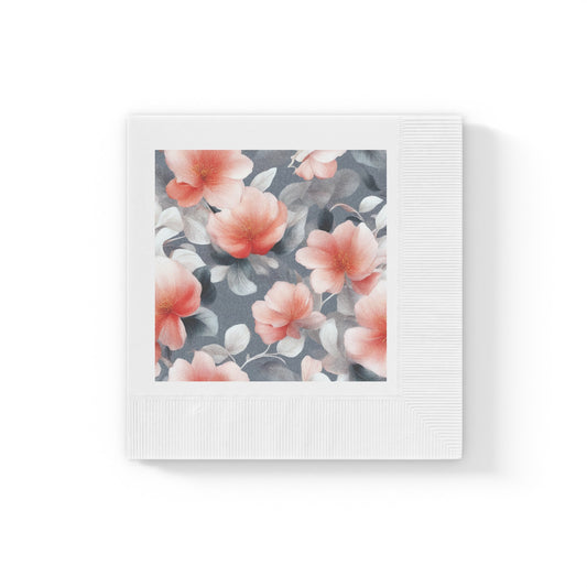 Red Blossom Floral Bunch White Coined Napkins, 6.5" x 6.5"