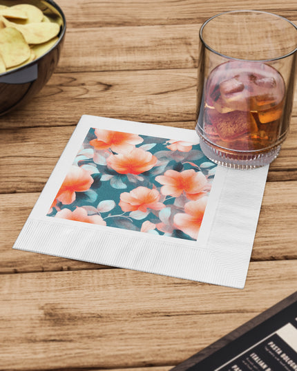 Orange Blossom Floral Bunch White Coined Napkins, 6.5" x 6.5"