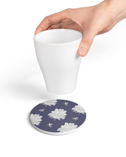 White Floral Butterflies 4" x 4" Round Ceramic Coaster