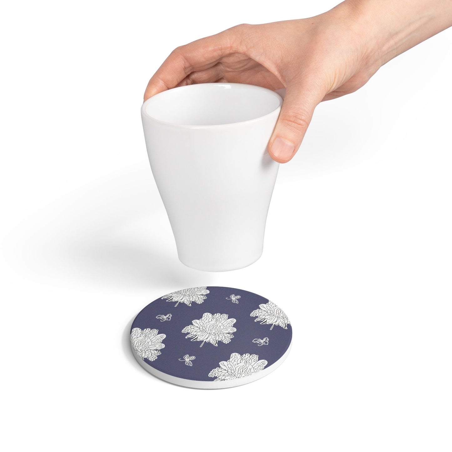 White Floral Butterflies 4" x 4" Round Ceramic Coaster