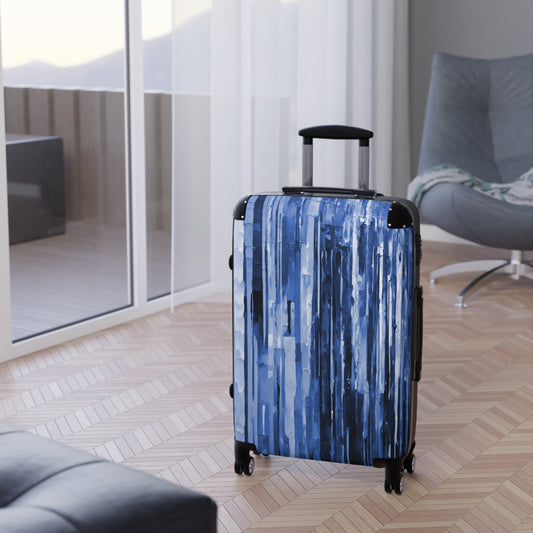 Striped Deep Blue Medium Suitcase with built in lock, 4 double-wheels, telescopic handle, and ABS back hard-shell