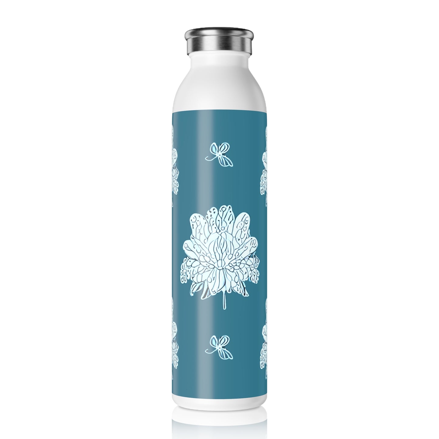 Tif Green White Floral Butterflies Slim Water Bottle, 20 oz White