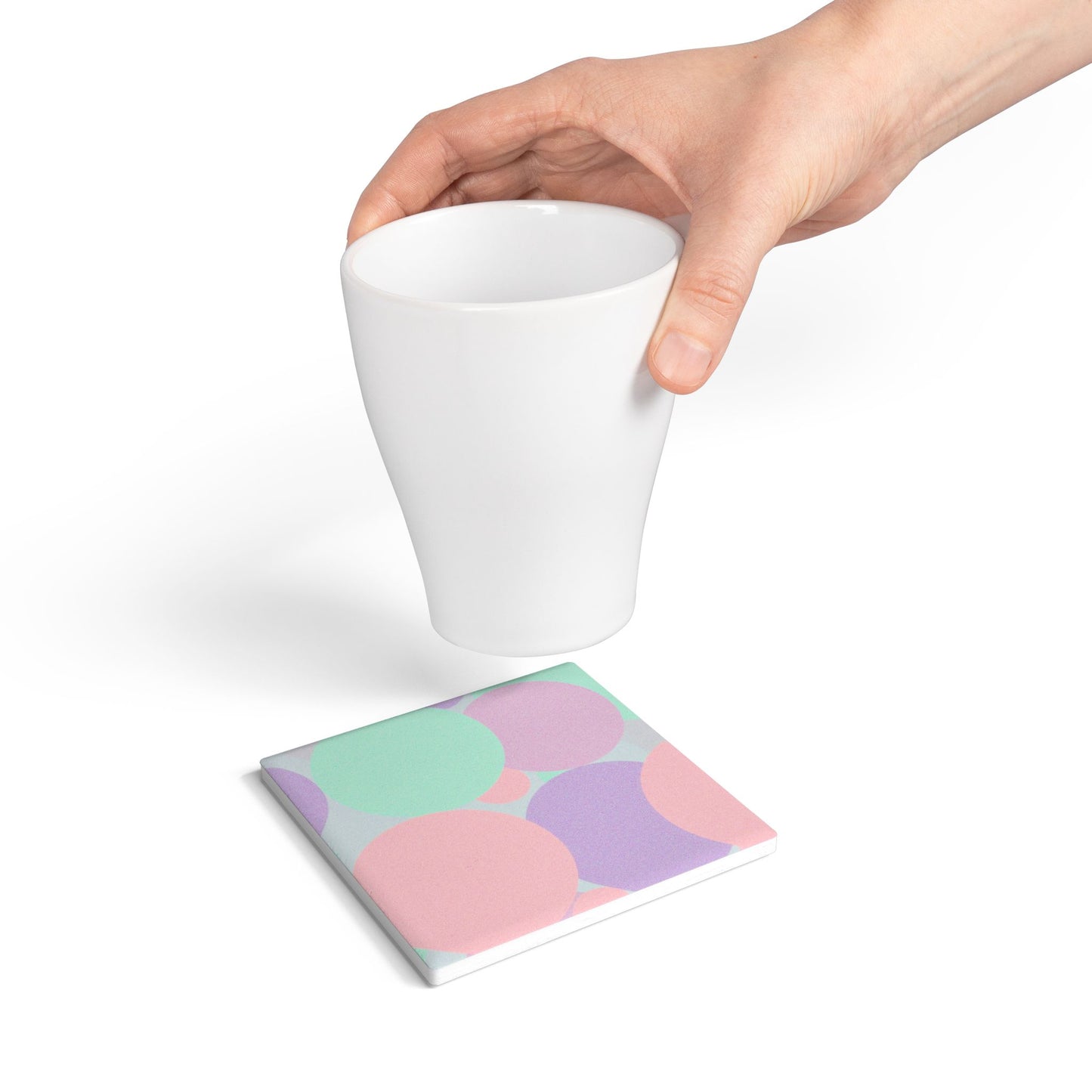 Pastel Peach and Soft Green Patches 4" x 4" Square Ceramic Coaster