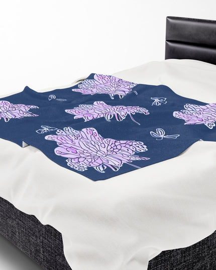 Purple White Floral Butterflies Velveteen Plush Blanket, 50" x 60"