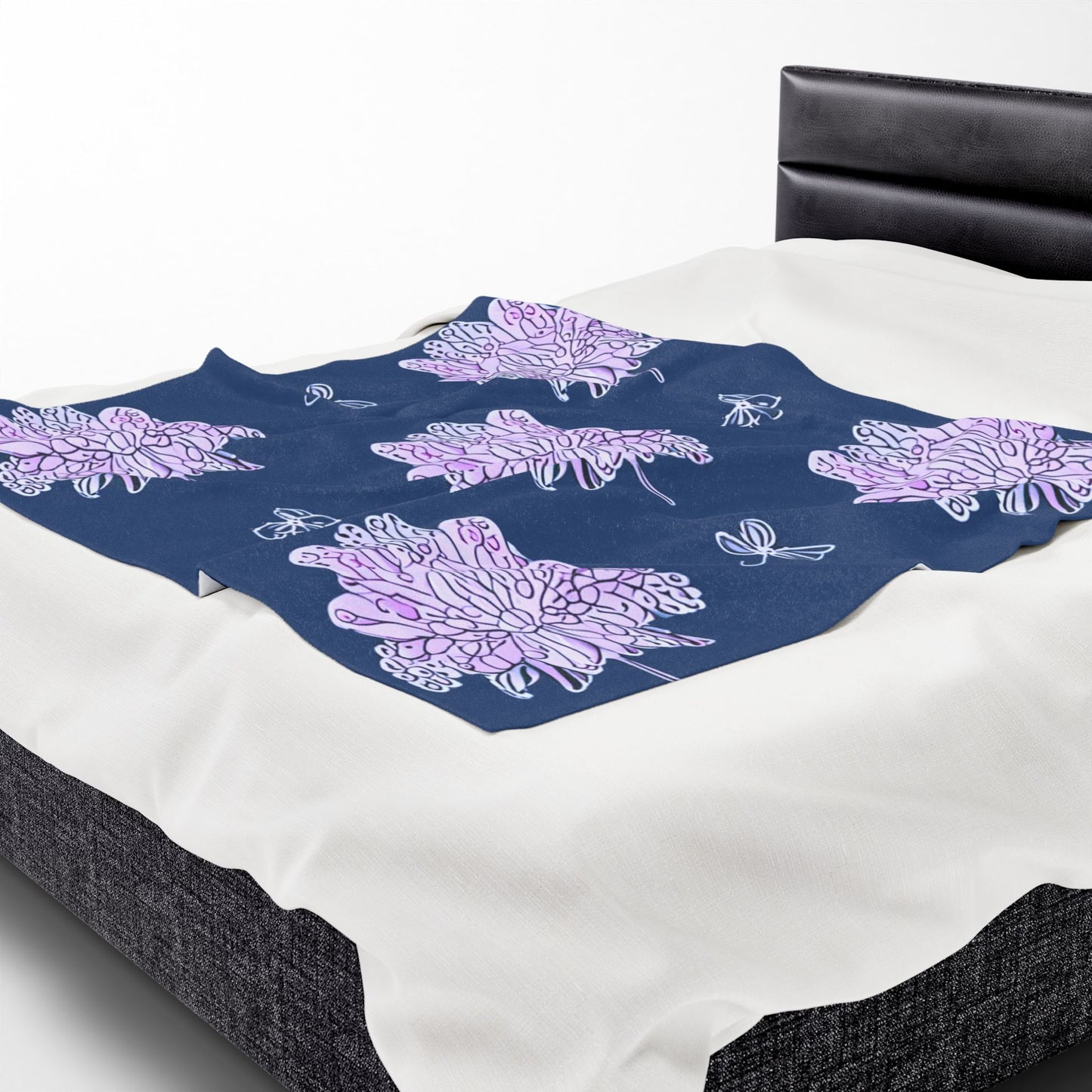 Purple White Floral Butterflies Velveteen Plush Blanket, 50" x 60"