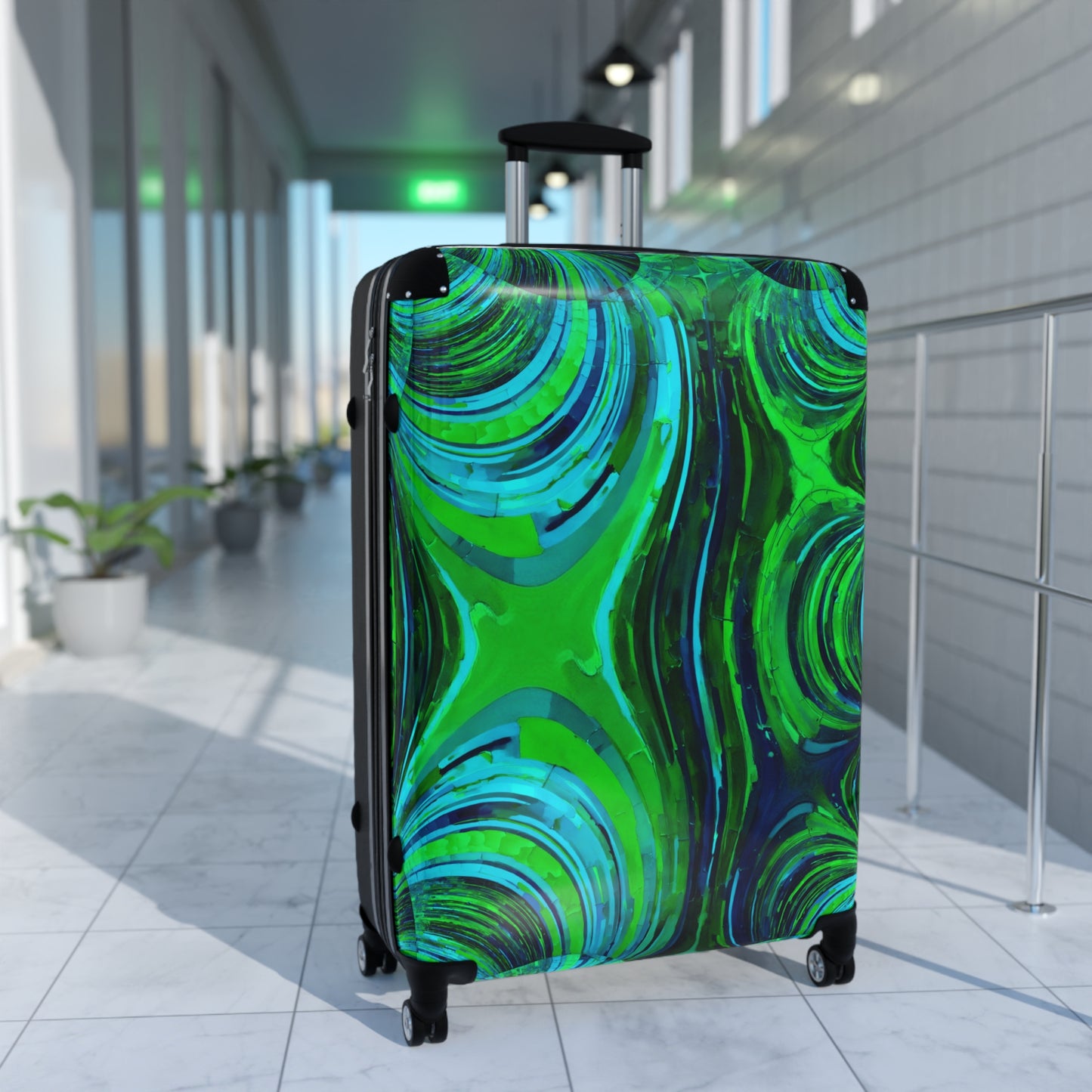 Uzi Spiral Blue Green Large Suitcase with built in lock, 4 double-wheels, telescopic handle, and ABS back hard-shell