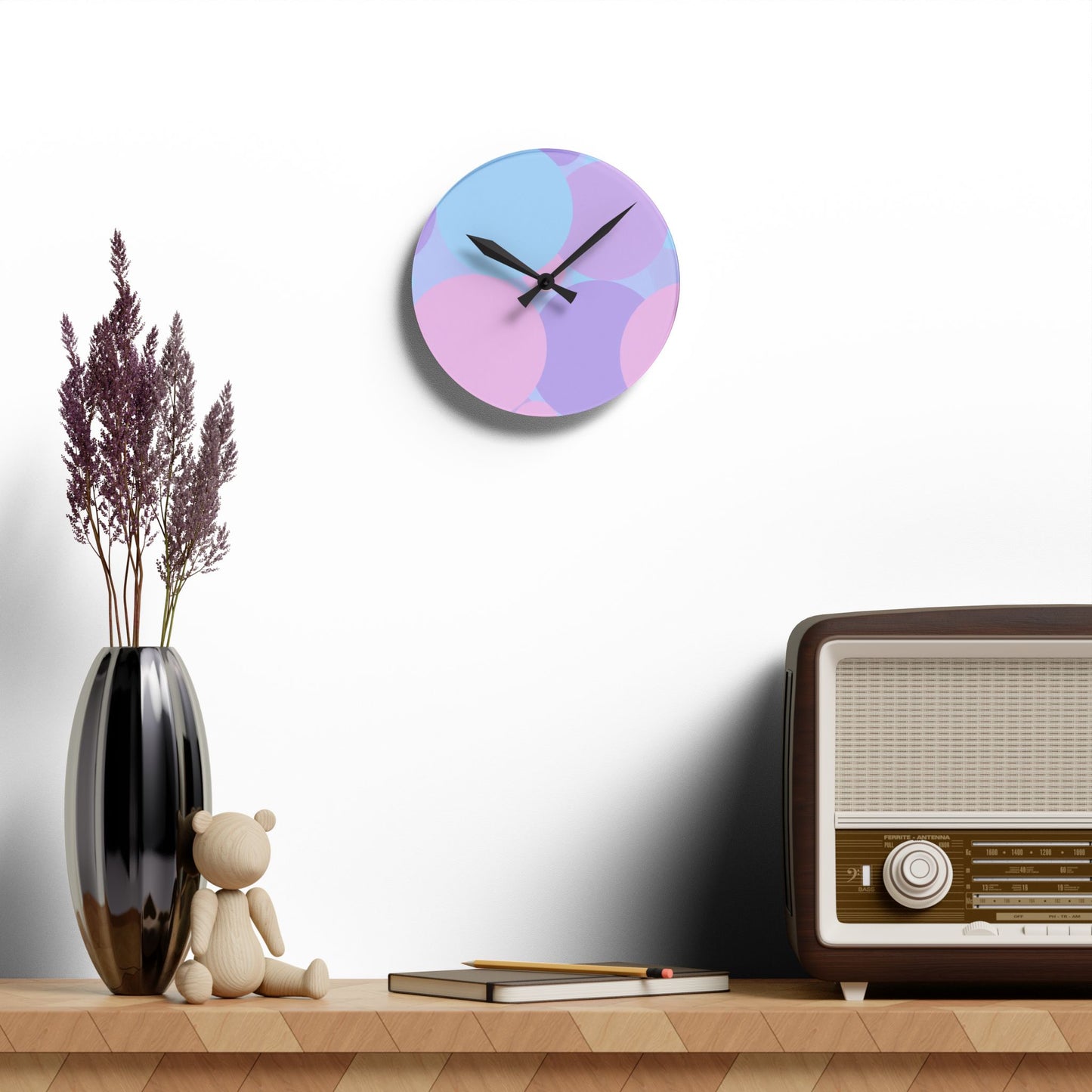 Pastel Purple and Mauve Patches Acrylic Round Wall Clock, 8" x 8"