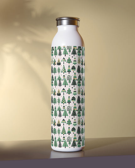 Mini Vintage Green Trees Slim Water Bottle, 20 oz White