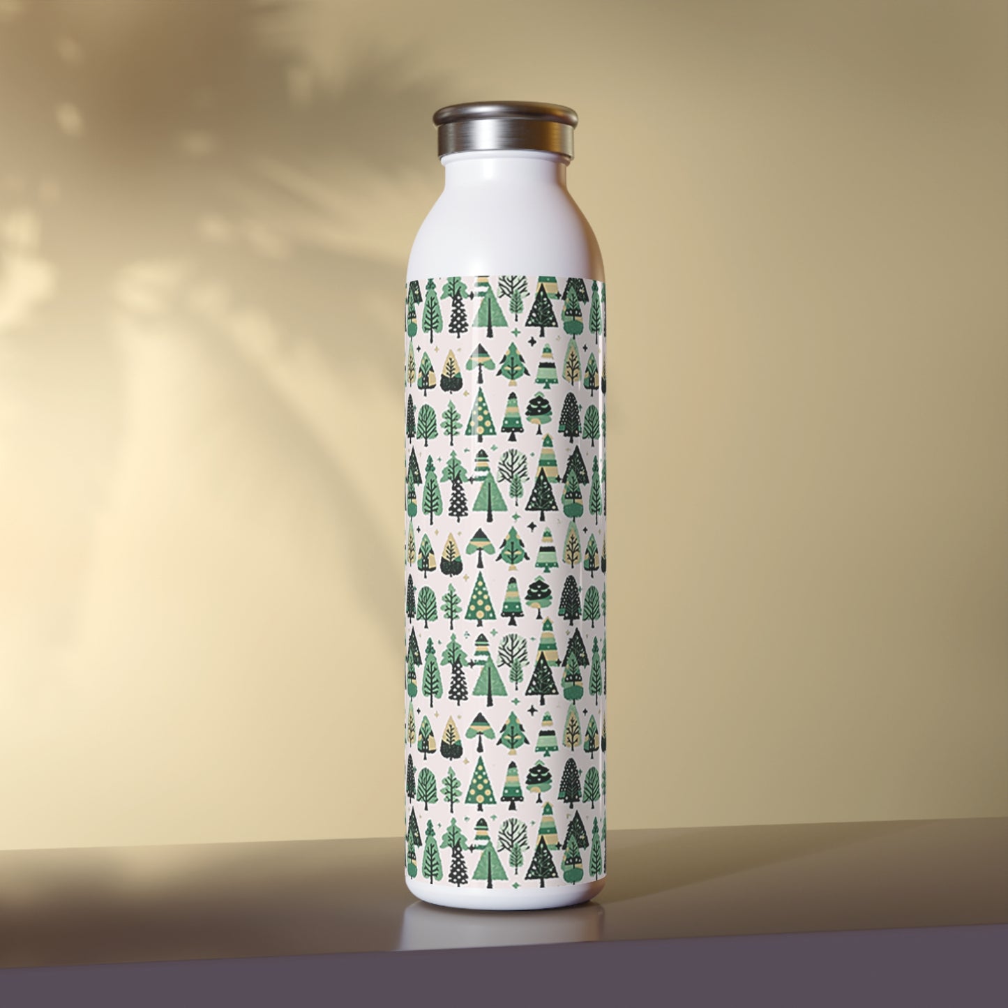 Mini Vintage Green Trees Fade Slim Water Bottle, 20 oz White