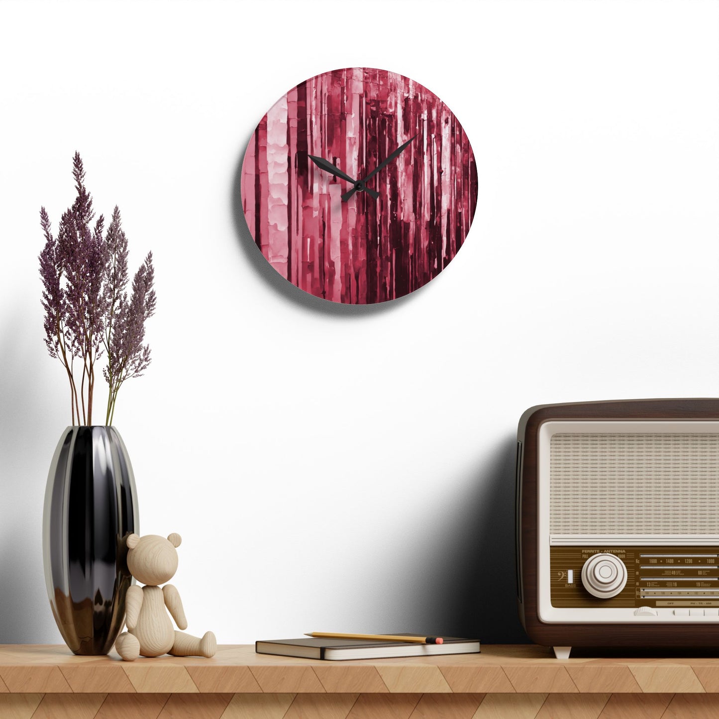 Striped Ruby Acrylic Wall Clock, Round or Square, 10.75" x 10.75"