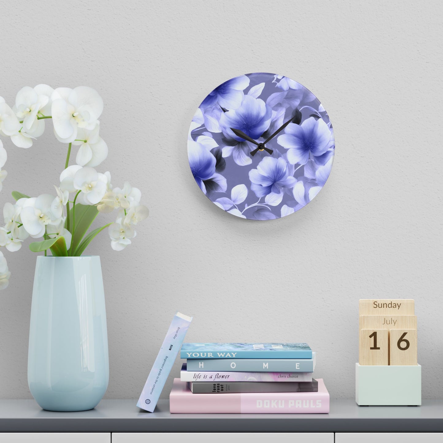 Indigo Blossom Floral Bunch Acrylic Wall Clock, Round or Square, 10.75" x 10.75"