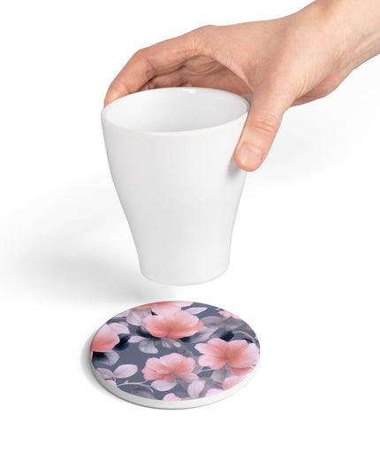 Peach and Blue Gray Floral Bunch Round Ceramic Coaster, 4" x 4"