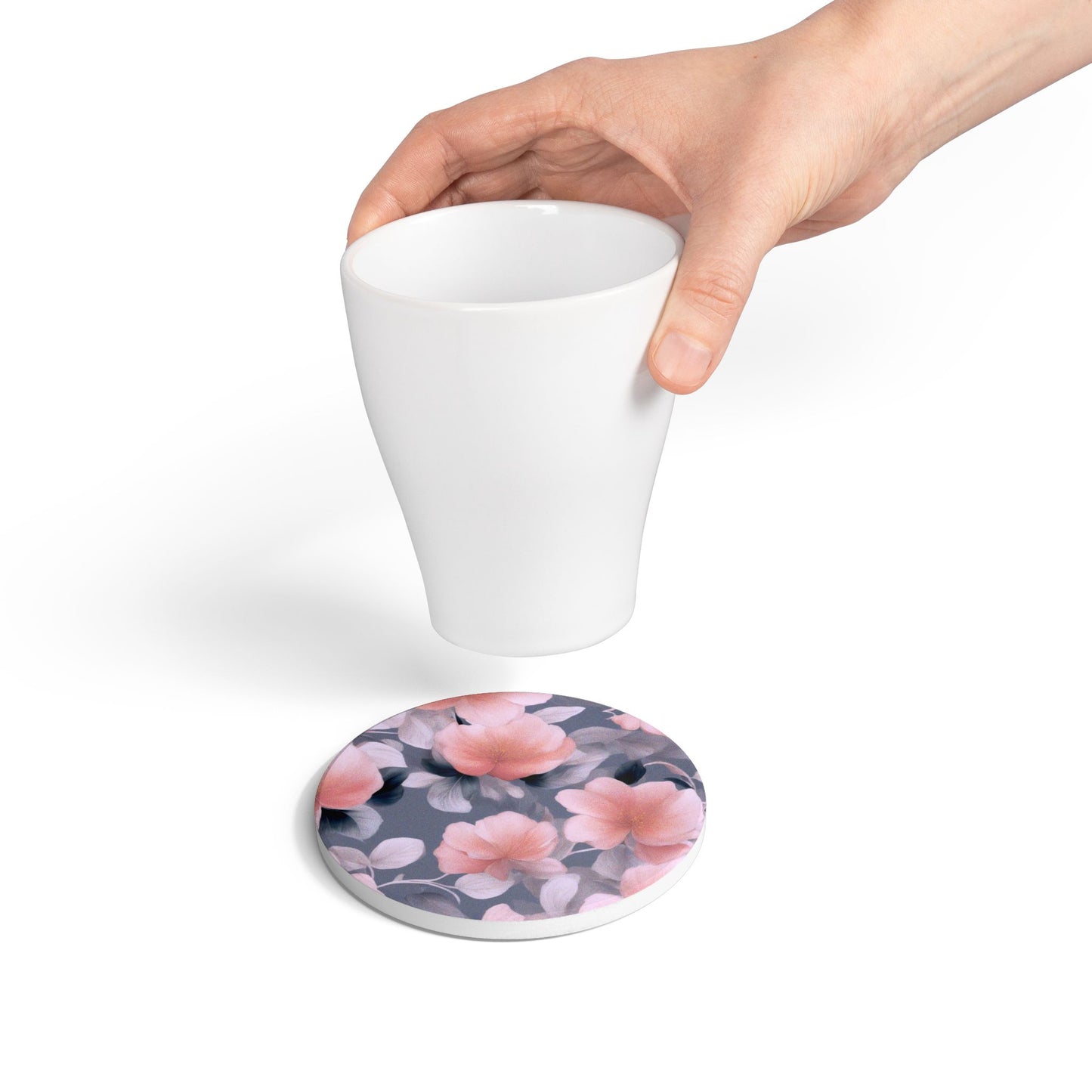 Peach and Blue Gray Floral Bunch Round Ceramic Coaster, 4" x 4"
