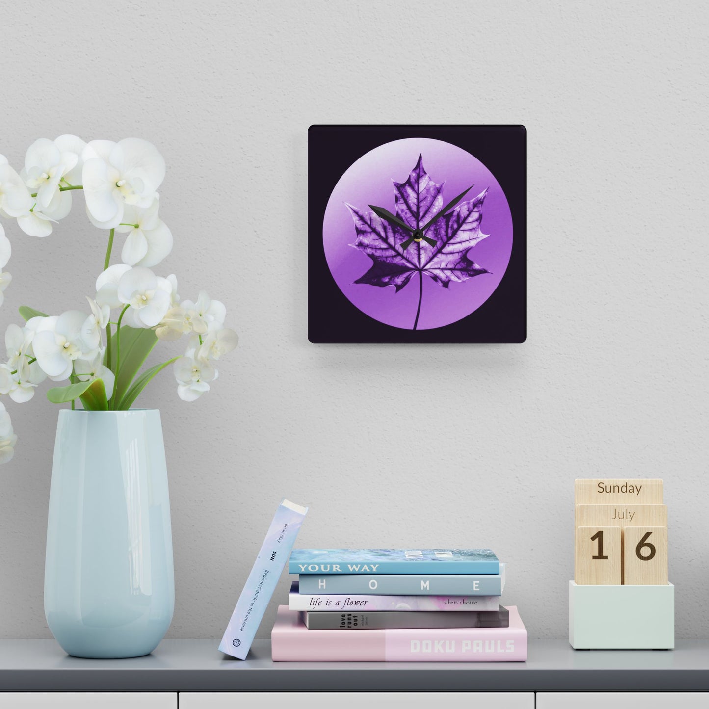 Purple Maple Leaf Acrylic Wall Clock, Round or Square, 10.75" x 10.75"