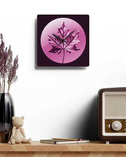Magenta Maple Leaf Acrylic Wall Clock, Round or Square, 10.75" x 10.75"