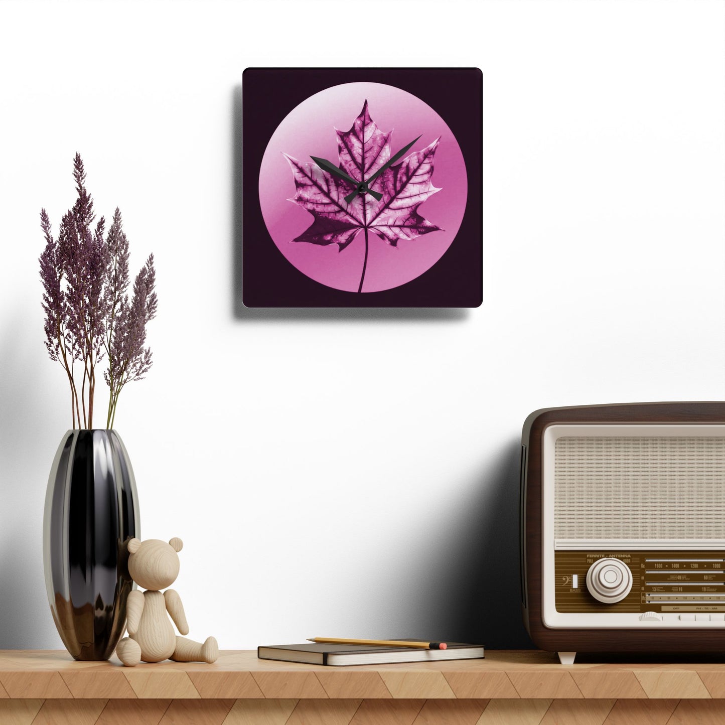 Magenta Maple Leaf Acrylic Wall Clock, Round or Square, 10.75" x 10.75"