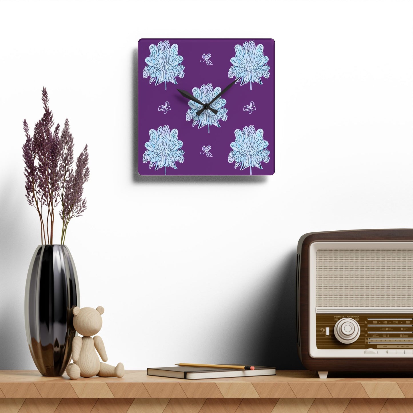 Blue Floral Butterflies Acrylic Wall Clock, Round or Square, 10.75" x 10.75"