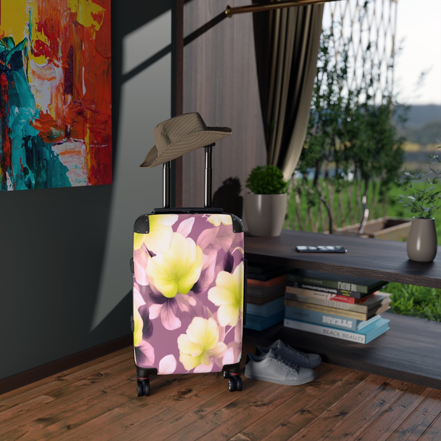 Lemon Blossom Floral Bunch Small Suitcase with built in lock, 4 double-wheels, telescopic handle, and ABS back hard-shell