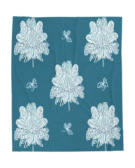 Tif Green White Floral Butterflies Velveteen Plush Blanket, 50" x 60"