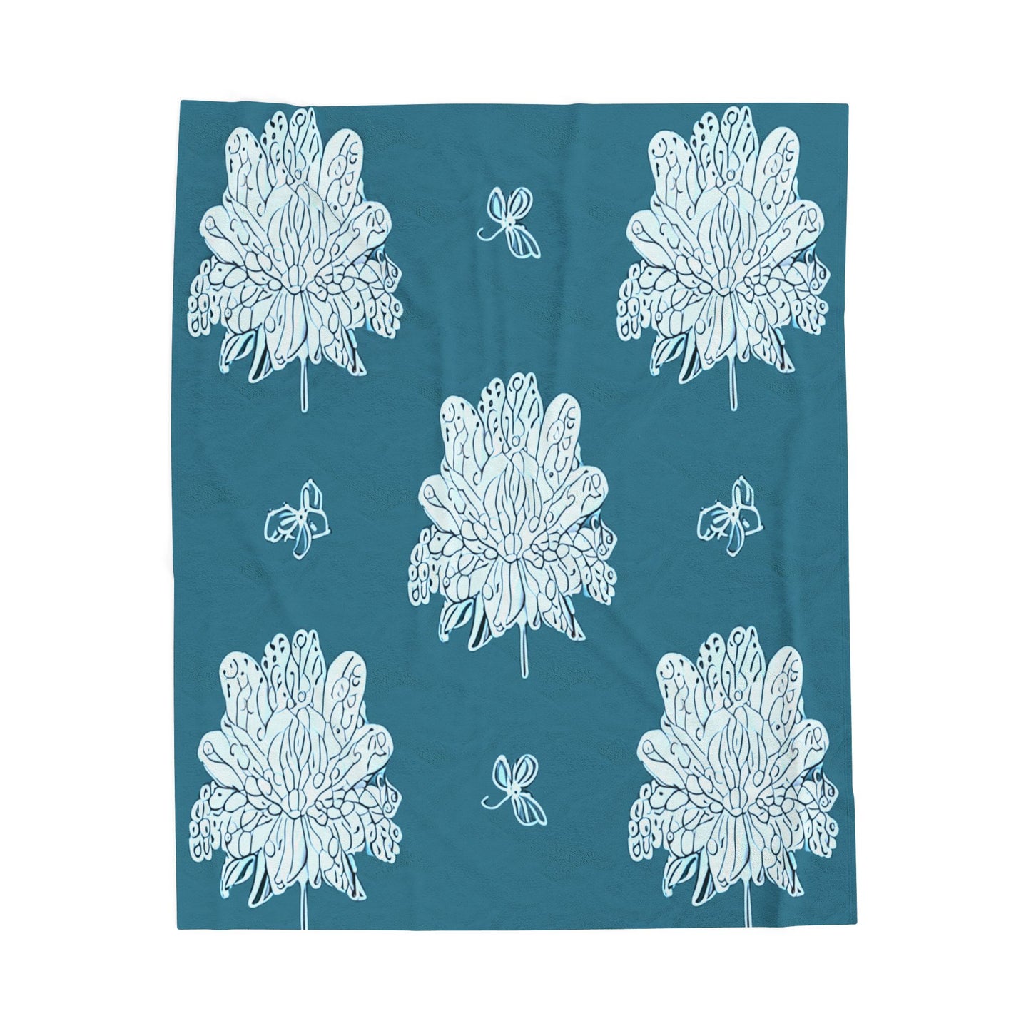 Tif Green White Floral Butterflies Velveteen Plush Blanket, 50" x 60"