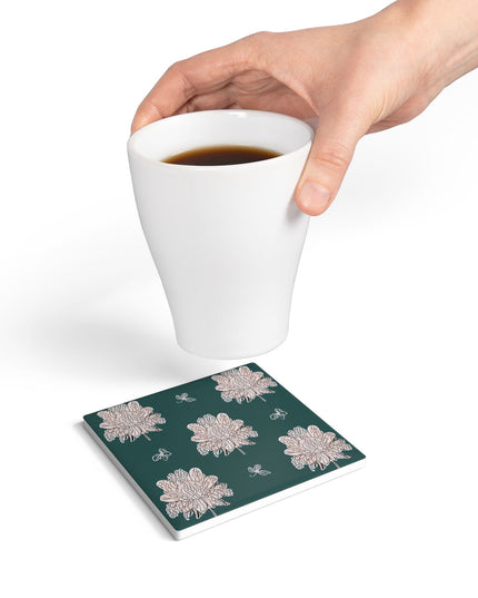 Soft White Floral Butterflies 4" x 4" Square Ceramic Coaster