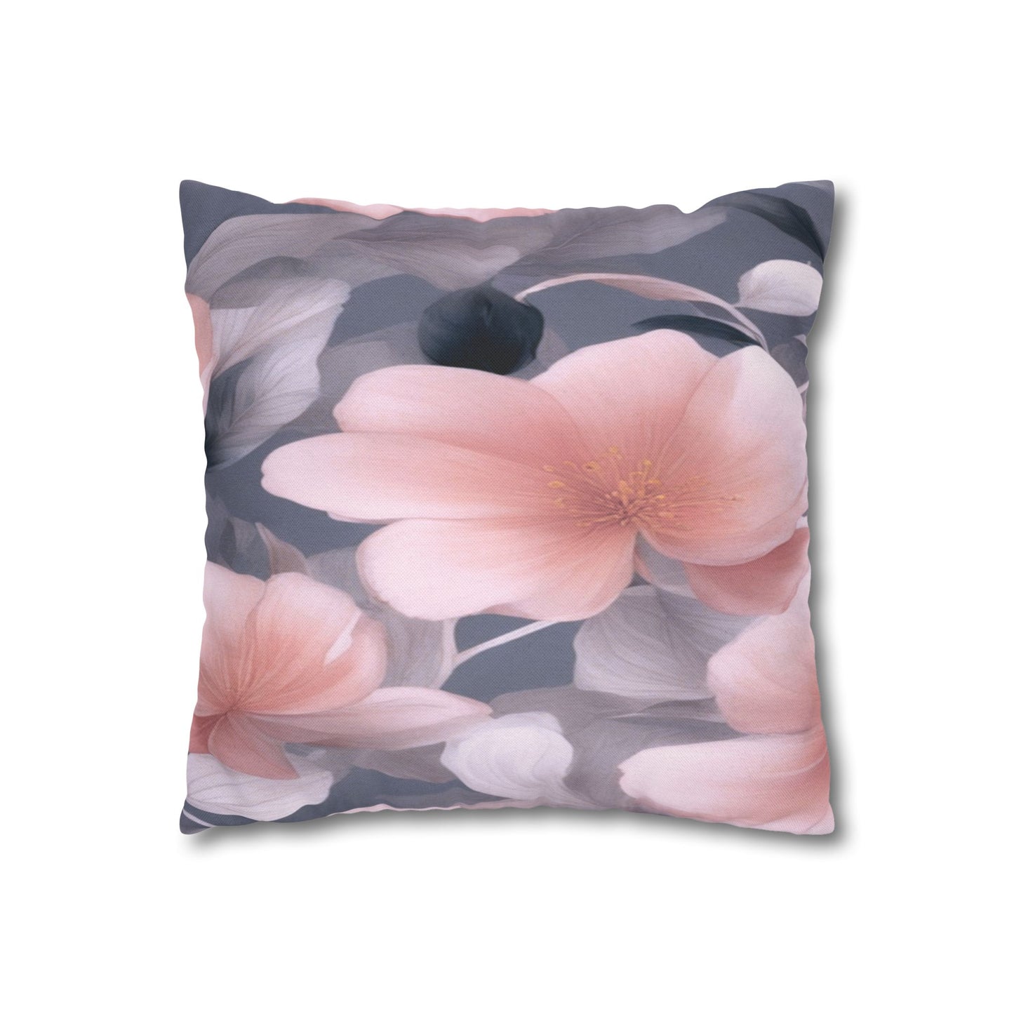 Peach and Blue Gray Floral Bunch Spun Polyester Square Pillowcase, 14" x 14"