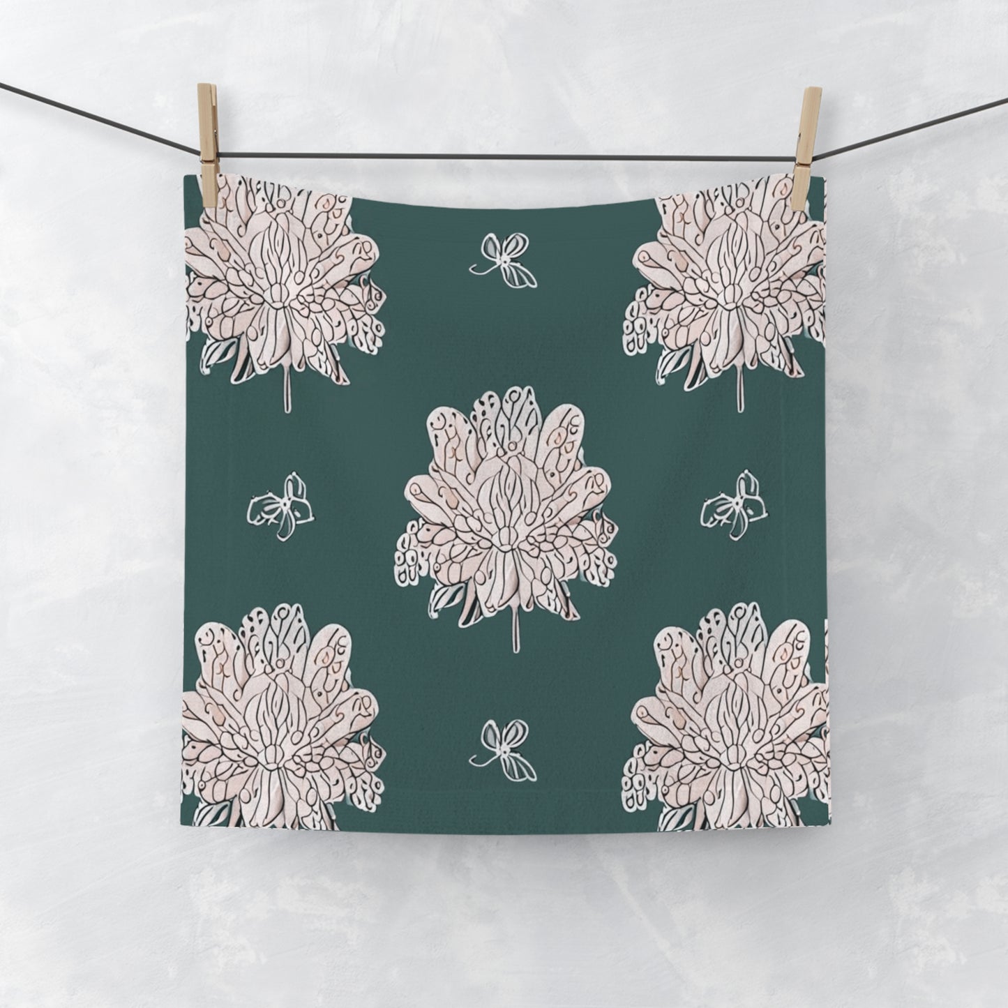 Soft White Floral Butterflies Face Towel, 13" x 13"