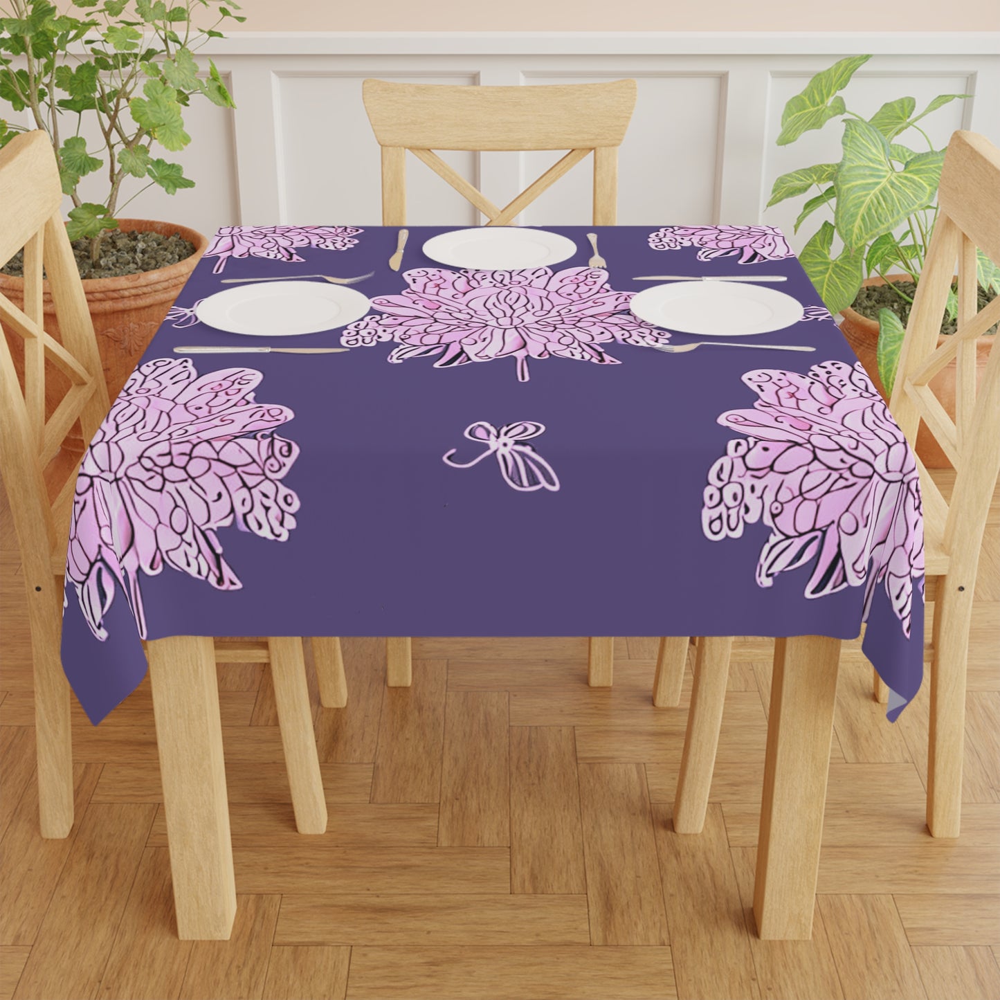 Magenta Floral Butterflies Tablecloth, 55" x 55"