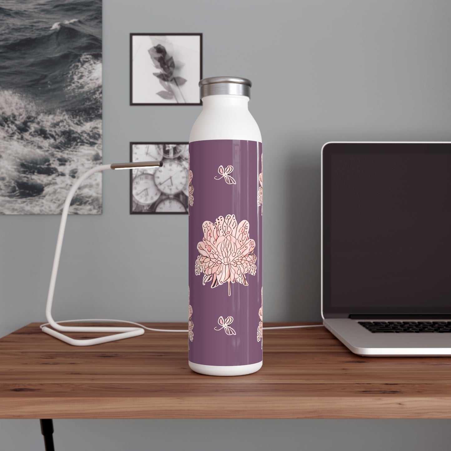 Pink Floral Butterflies Slim Water Bottle, 20 oz White