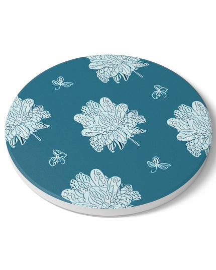 Tif Green White Floral Butterflies 4" x 4" Round Ceramic Coaster