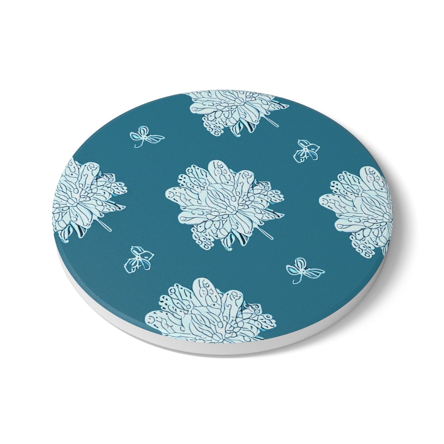 Tif Green White Floral Butterflies 4" x 4" Round Ceramic Coaster