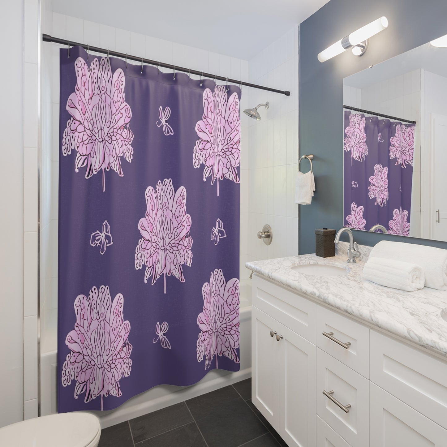 Magenta Floral Butterflies Shower Curtain, 71" x 74"