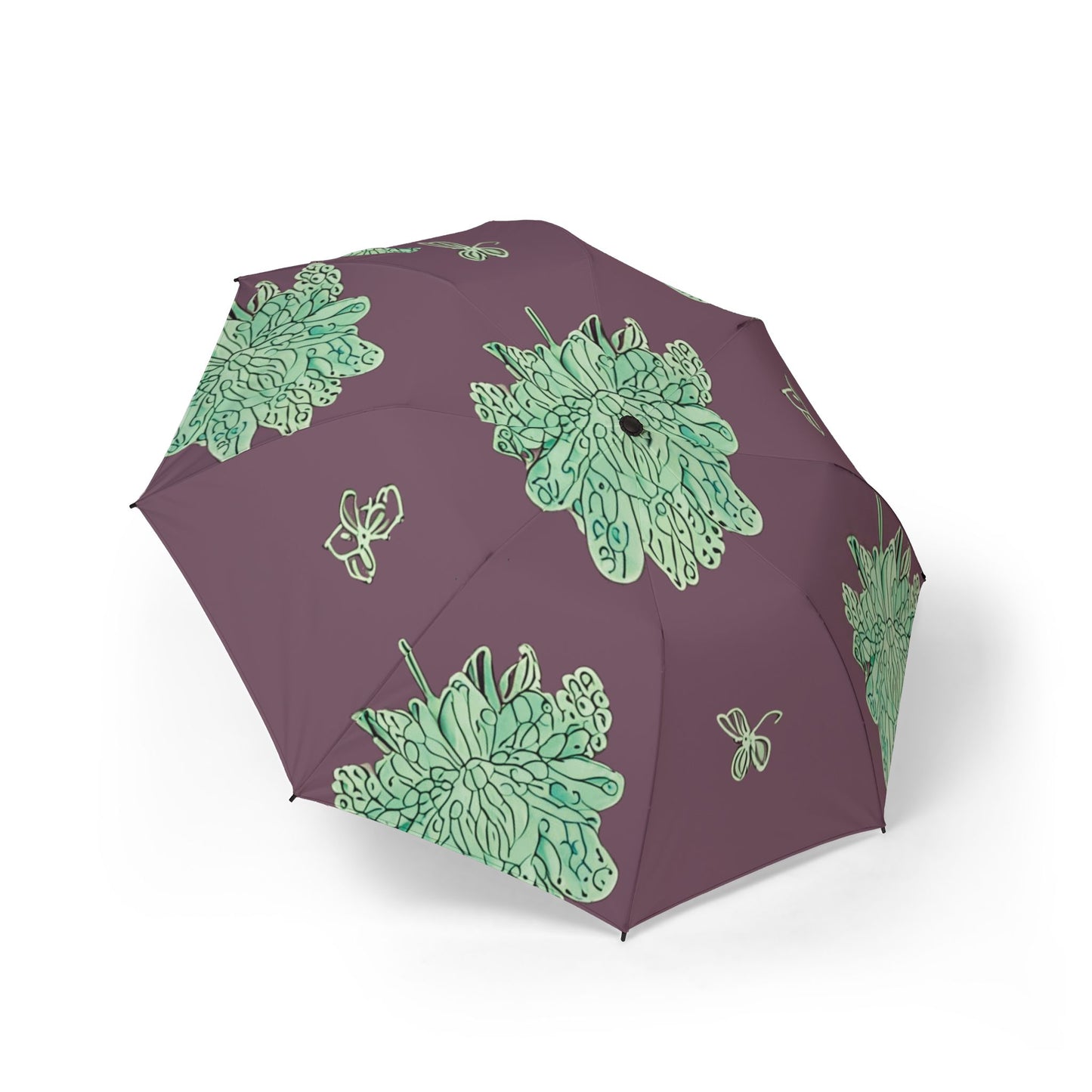 Mint Green Floral Butterflies Foldable Umbrella - Compact & Chic
