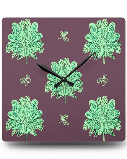 Mint Green Floral Butterflies Acrylic Wall Clock, Round or Square, 10.75" x 10.75"