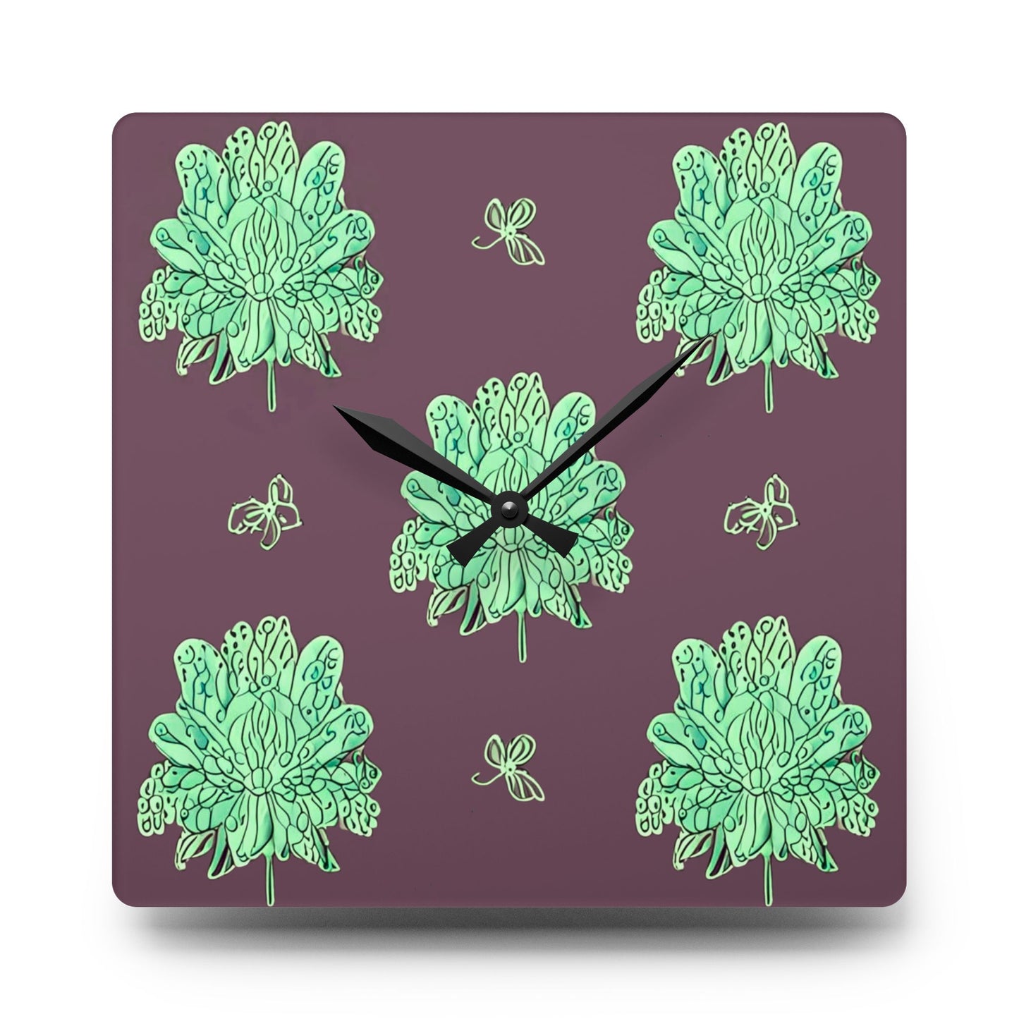 Mint Green Floral Butterflies Acrylic Wall Clock, Round or Square, 10.75" x 10.75"