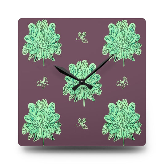 Mint Green Floral Butterflies Acrylic Wall Clock, Round or Square, 10.75" x 10.75"