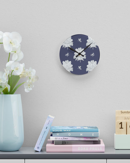White Floral Butterflies Acrylic Round Wall Clock, 8" x 8"