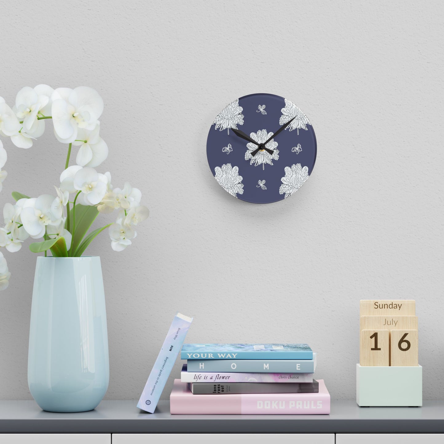 White Floral Butterflies Acrylic Round Wall Clock, 8" x 8"