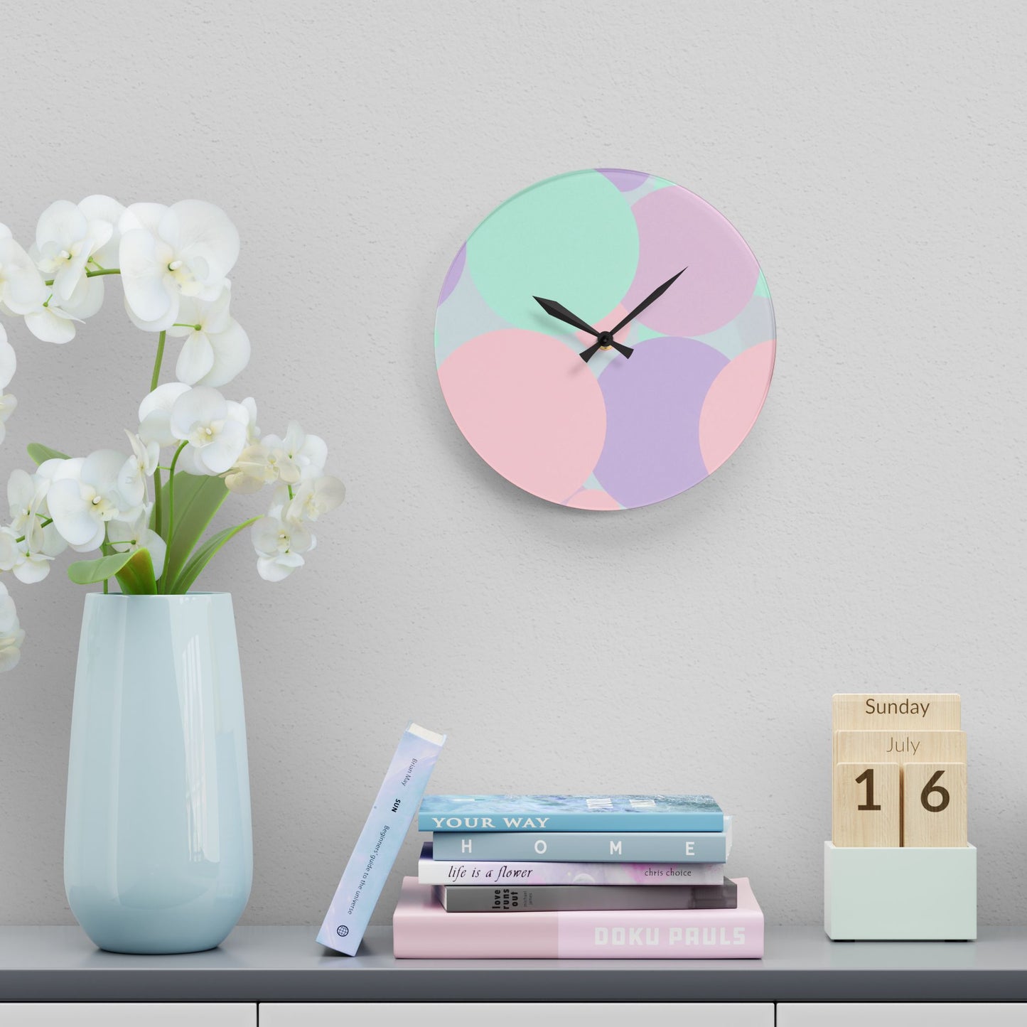 Pastel Peach and Soft Green Patches Acrylic Wall Clock, Round or Square, 10.75" x 10.75"