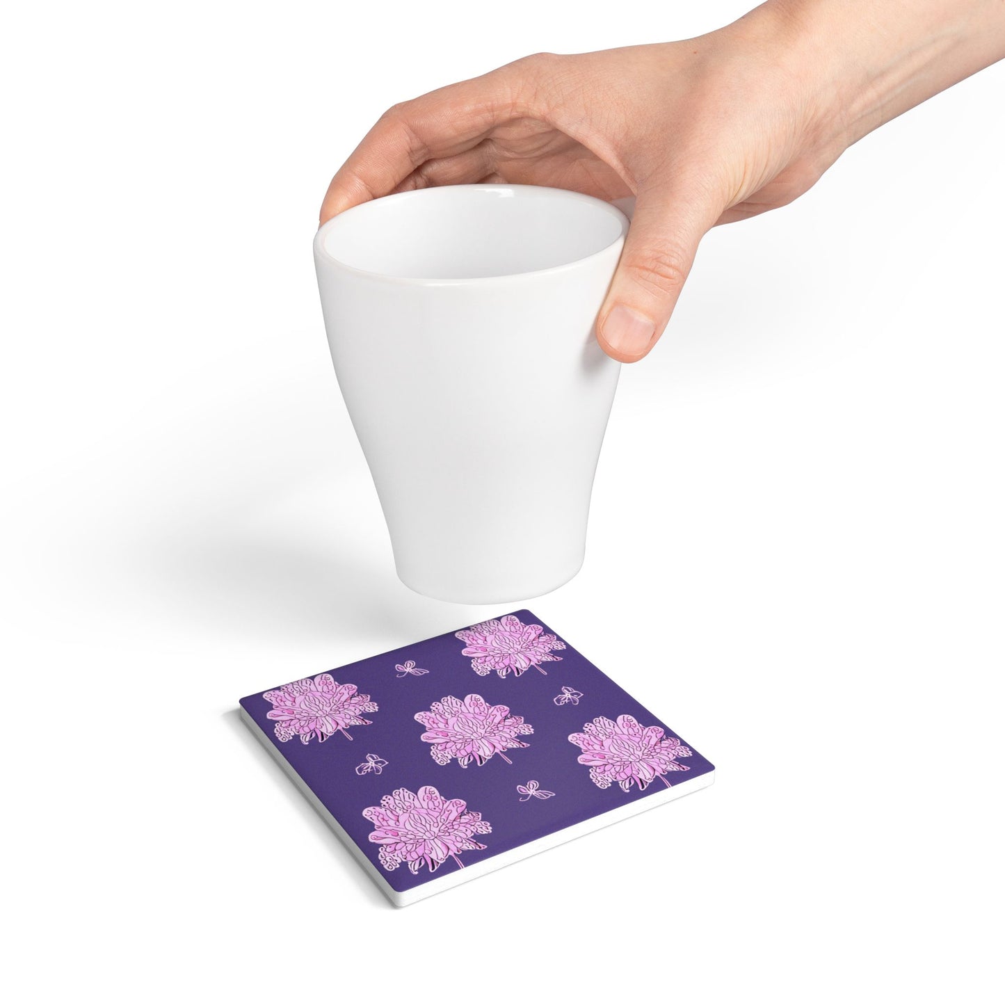 Magenta Floral Butterflies 4" x 4" Square Ceramic Coaster