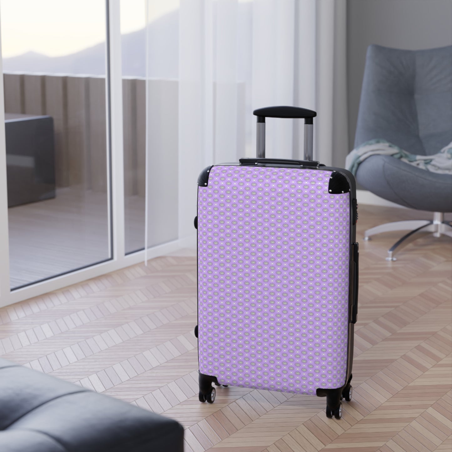 Lavender Star-crossed Bodies Medium Suitcase with built in lock, 4 double-wheels, telescopic handle, and ABS back hard-shell