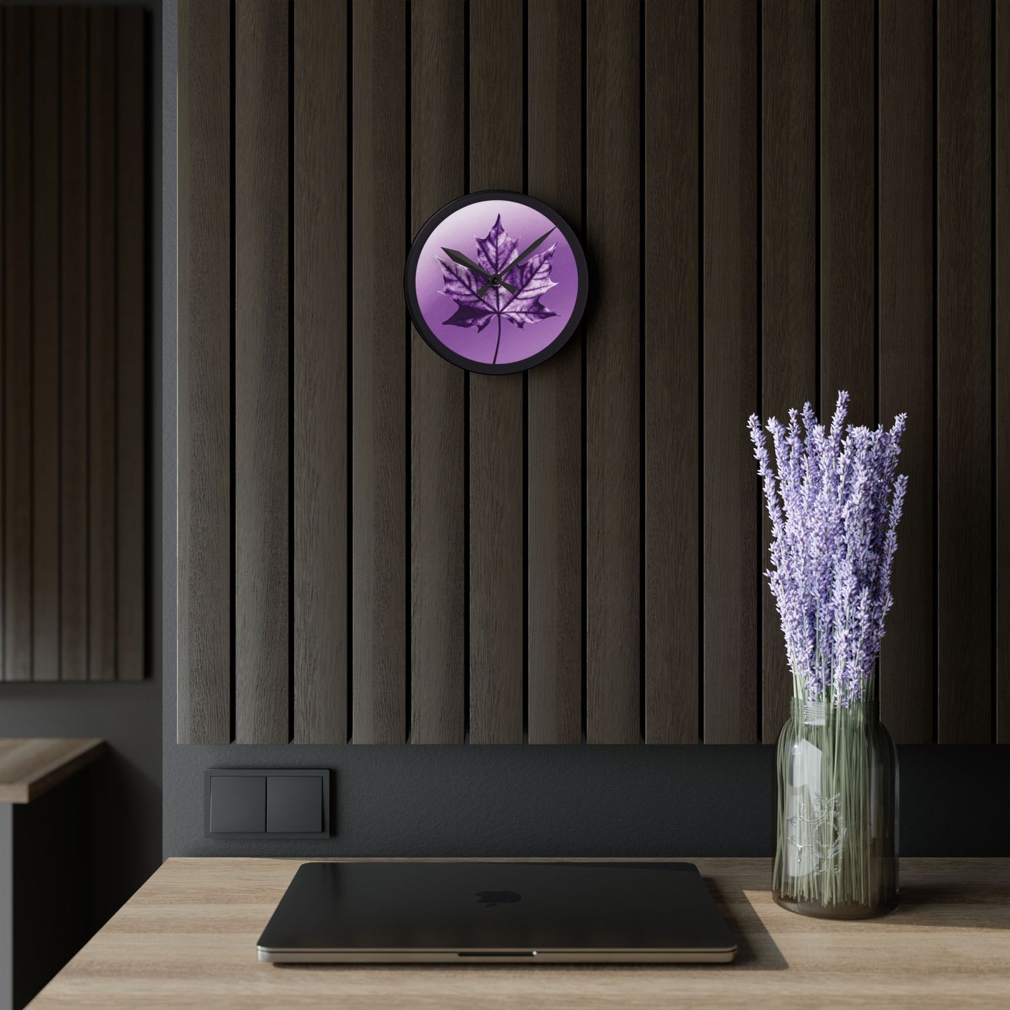 Purple Maple Leaf Acrylic Round Wall Clock, 8" x 8"