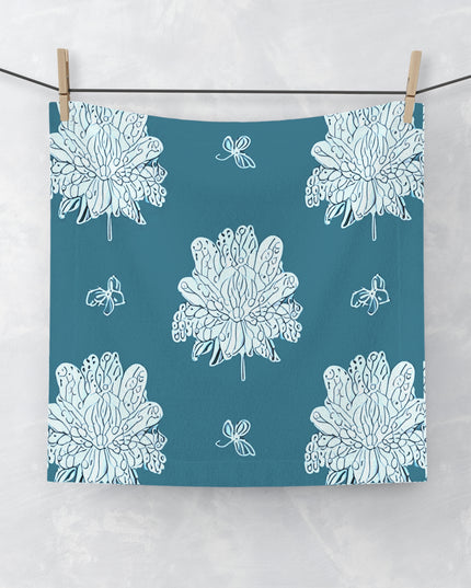 Tif Green White Floral Butterflies Face Towel, 13" x 13"