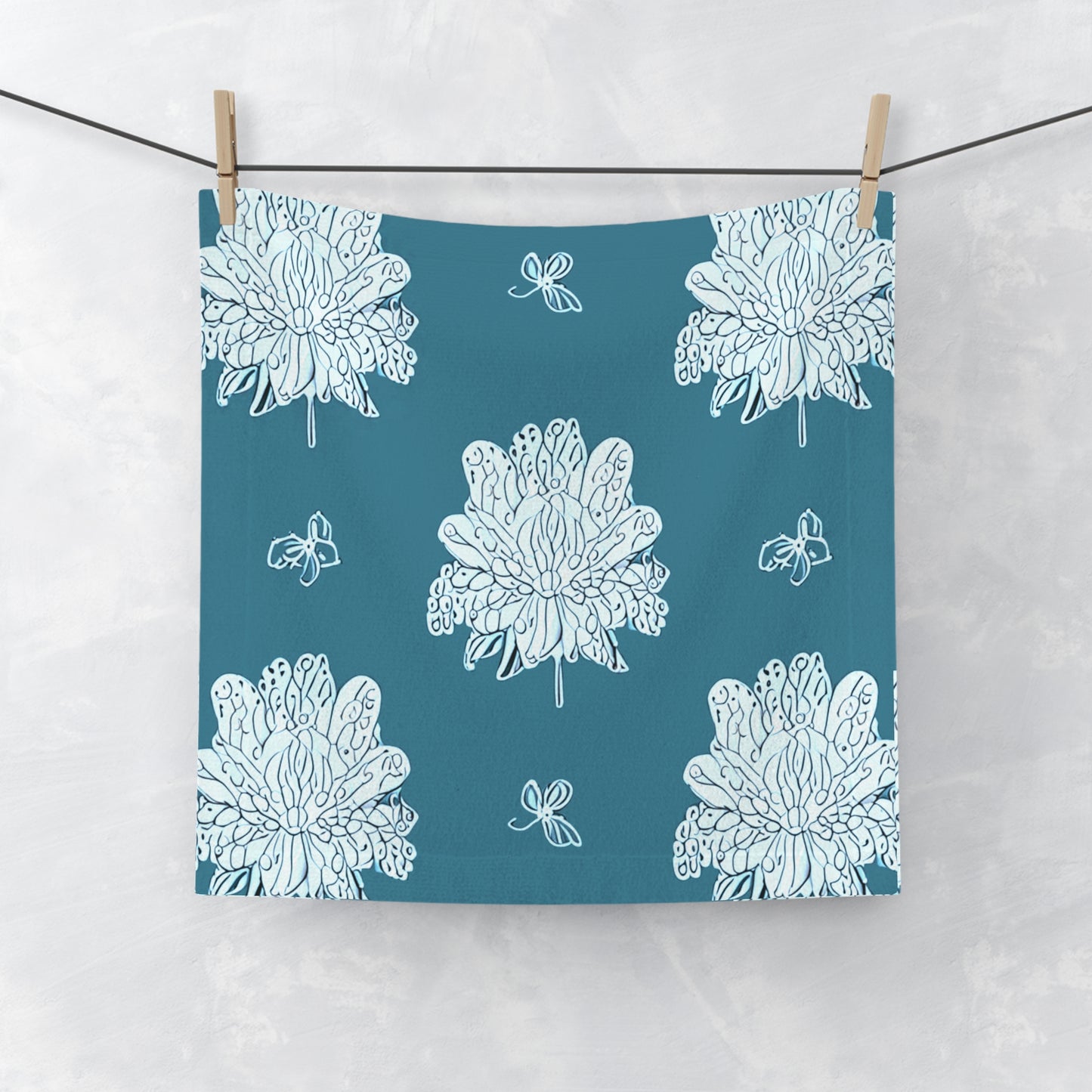 Tif Green White Floral Butterflies Face Towel, 13" x 13"