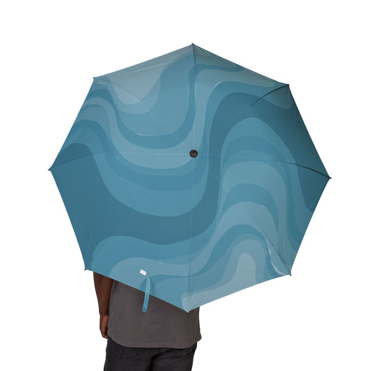 Sky Blue Wavey Foldable Umbrella - Compact & Chic