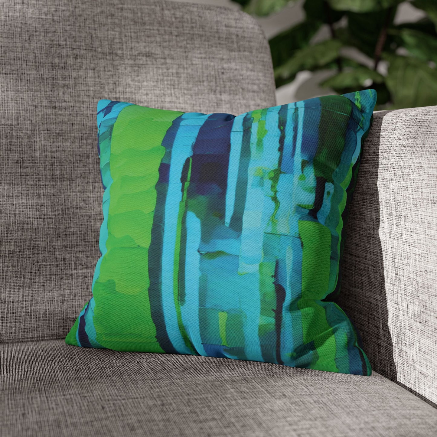 Striped Blue Green Spun Polyester Square Pillowcase, 14" x 14"